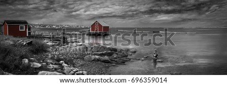 old Fishing stage and dorey, view of famous fogo island inn in distance, Joe Batt's Arm, Fogo Island, NL