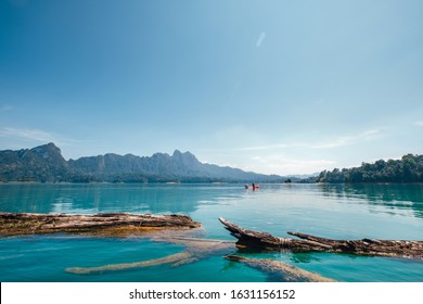 Old Floating Tree Logs On The Turquoise Surface Of Eco Lake In Thailand. Young Man And Woman Couple Explorers Travelers Exploring The Cheow Lan Lake In Thailand Using A Kayak On The Background.