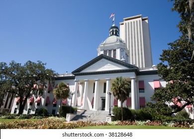 The Old Florida State Capital Building, Now A Museum, Stands In Front Of The New Capital Offices In Tallahassee, Florida.