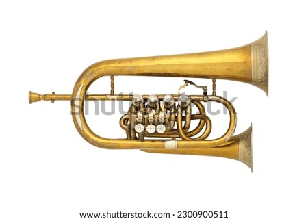 Old flugelhorn brass musical instrument isolated on white background, retro trumpet or cornet closeup from 19th century