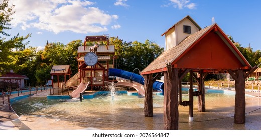 Old Forge, New York - September 4, 2021: 16:9 Wide Horizontal View Of The Theme Park Of The Water Safari Park With No People.