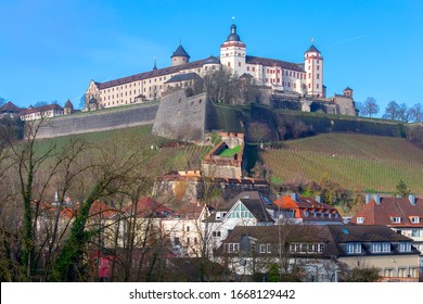 Old Fort Marienburg Over The City On A Sunny Morning. Wurzburg Bavaria Germany.