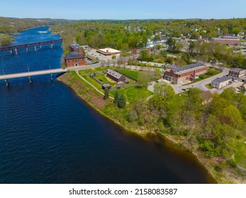 Old Fort Western   Augusta City Hall aerial view the east bank Kennebec River in Spring  Augusta  Maine ME  USA  