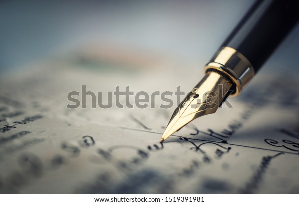 Old fountain pen on an vintage handwritten letter.\
Conceptual background on history, education, literature topics.\
Retro style.
