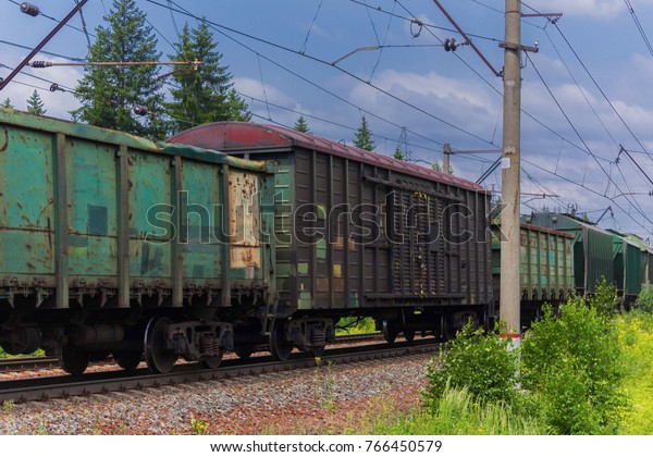 Old\
freight railroad cars for various cargoes. The locomotive pulls a\
large freight train. Summer sunny day, green\
forest.