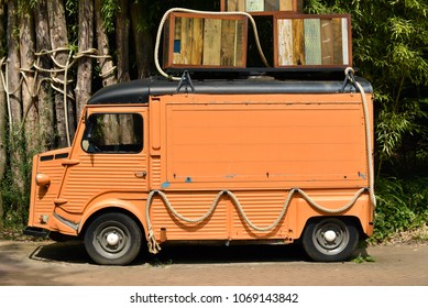 Old French Panel Van. Left Side View Of A Vintage Foodtruck.