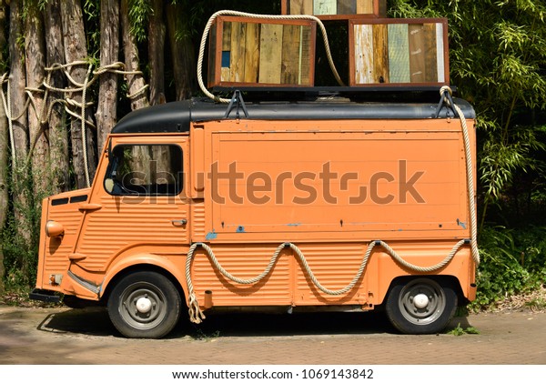 Old French Panel Van. Left side view of a\
vintage foodtruck.