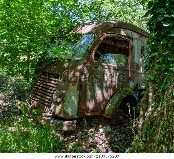 old french van in the\
wood
