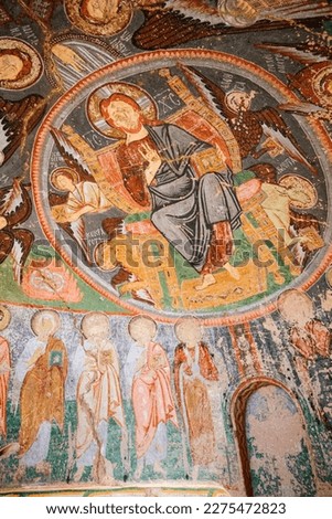 Old frescos in Cross church in Rose Valley in Cappadocia Turkey dated back to 10th century