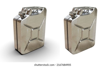 Old Used Aluminium Fuel Tank for Transporting and Storing Petrol, Vintage 20L Fuel Can Jerrycan Isolated on a White Background, Old-Fashioned Gasoline Canisters, Motor Oil or Fuel Concept