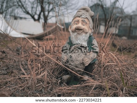 Old garden gnome figure with peeling paint among dry grass. Garden decor. Retro style. Home street decor. The figure of a gnome. Peeled paint.