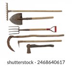 old garden tools, shovel, pitchfork isolated on white background