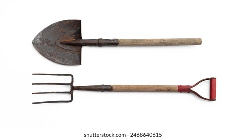 old garden tools, shovel, pitchfork isolated on white background