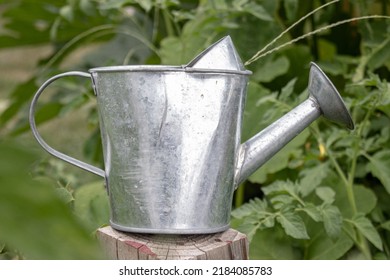 An Old Garden Watering Can On Top Of A Wooden Post In A Garden Bed.