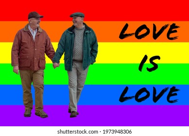 Old Gay White Couple Look At Each Other Lovingly And Hold Hands As They Walk. Isolated On Gay Pride Rainbow Flag Background With The Words 