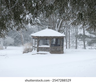 An old gazebo in a snow covered field framed by evergreens with woods in the background during a light snow - Powered by Shutterstock