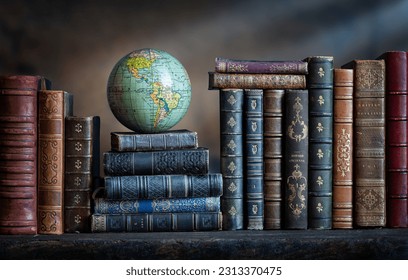 Old geographical globe and old book in cabinet with bookselfs. Science, education, travel background. History and geography team. Ancience, antique globe on the background of books.