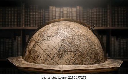 Old geographical globe in cabinet with bookselfs. Science, education, travel, vintage background. History and geography team. Ancience, antique globe on the background of books. - Powered by Shutterstock