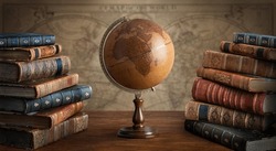 Old Geographical Globe And Map And Old Book In Cabinet. Science, Education, Travel Background. History And Geography Team. Ancience, Antique Globe On The Background Of Old Map.