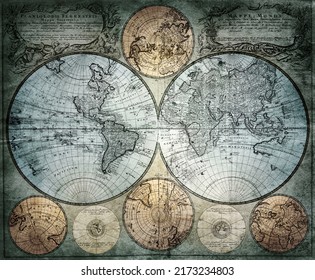 Old geographical map of the world of the 18th century. A good background for design on the theme of travel, geography, history, voyage, etc. Ancient map background.