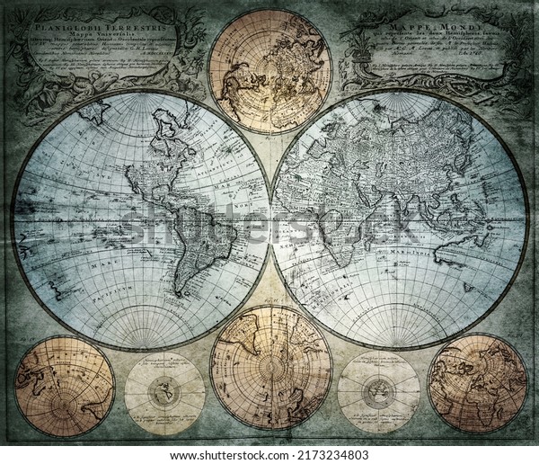 Old geographical map of the 18th century. A good background for design on the theme of travel, geography, history, voyage, etc. Ancient map background.