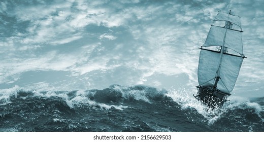 Old ghost ship sailing in a stormy sea.