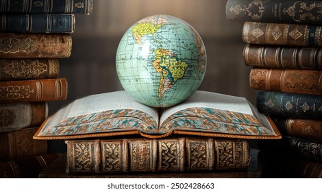 Old globe lying on an open book in a library. Conceptual background on history, education, literature topics. Translation of book titles - history of England, ancient history. - Powered by Shutterstock