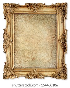 Old Golden Frame With Empty Grunge Cracked Canvas For Your Picture, Photo, Image. Beautiful Vintage Background