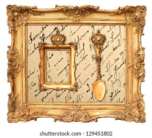 Old Golden Frame With Vintage English Manuscript Background Isolated On White