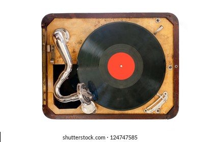 Old gramophone with black vinyl record. view from the top. Isolated object. - Shutterstock ID 124747585