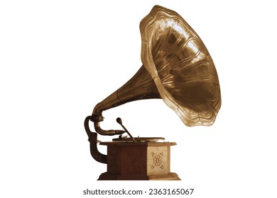 Old gramophone with wooden box isolated on white background.