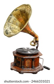 Old gramophone with wooden box isolated on white background with clipping path