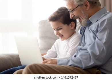 Old granddad in glasses small grandson sit with laptop on couch at home, multi-generational relative people spending time using online apps, having fun watching cartoons or educational program concept - Powered by Shutterstock