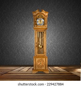 Old grandfather clock isolated in a empty room.