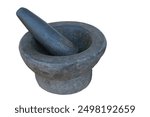 Old granite mortar and pestle on white background. Concept, kitchen utensils .Thai cooking tool, use to  pound chili paste or curry paste.                                               