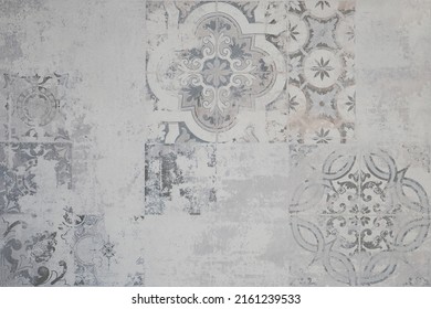 Old gray grey vintage worn geometric shabby mosaic ornate patchwork motif porcelain stoneware tiles stone concrete cement wall texture background