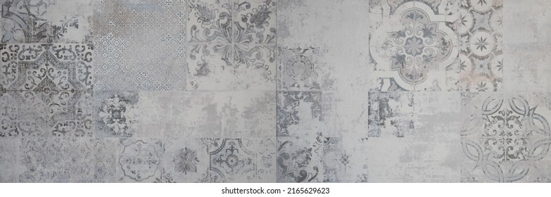 Old gray grey vintage worn geometric shabby mosaic ornate patchwork motif porcelain stoneware tiles stone concrete cement wall texture background banner panorama