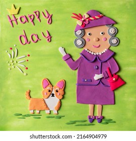 Old gray haired lady English queen woman handmade in clay illustration and corgi cute dog  Jubilee coronation in Great Britain  United Kingdom 