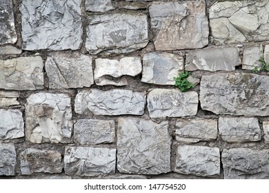 Old gray stone wall with green grass between blocks