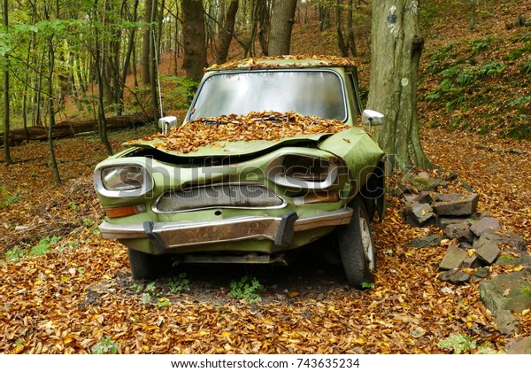 Old, green, dented car with autumn foliage in\
forest, Germany, October\
2017.