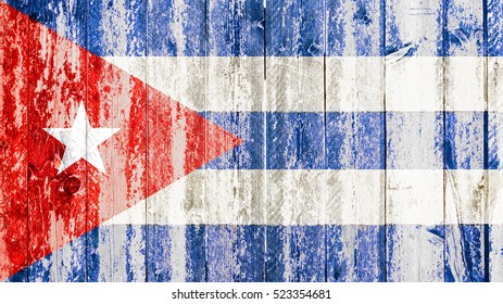 Old Grunge Cuban Flag On Broken Crack Wood With Rift, Havana Cuba Communist Dictatorship, Pray For President Concept