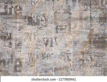 Old Grunge Newspaper Paper Textured Horizontal Background. Vintage Newspaper Texture. Newsprint Typed Sheet. Unreadable Aged Page. Gray Yellow Collage News Pages Background.