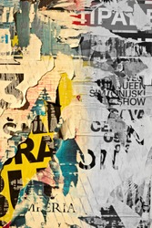 Old grunge ripped torn vintage collage street posters creased crumpled paper surface placard texture background backdrop / Selective color, a Background Photo by Cafe Racer