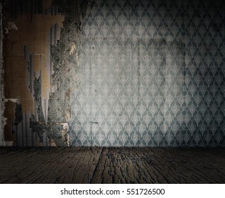 Old Grunge Room With Wallpaper, Vintage Background.