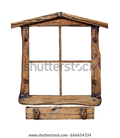 Old grunge wooden window frame, isolated on white.