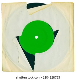 Old Grungy Vinyl Record With Blank Torn Sleeve And Blank Label, Free Copy Space, Isolated On White.