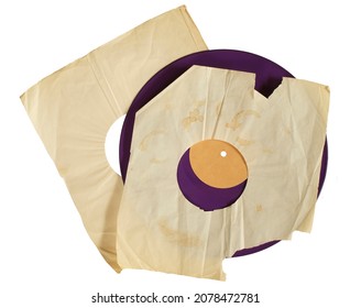 Old Grungy Vinyl Record With Blank Torn Sleeve And Blank Label, Free Copy Space, Isolated On White.