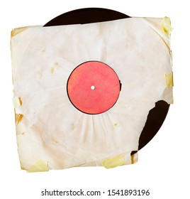 Old Grungy Vinyl Record With Yellowed Torn Inner Sleeve, Free Copy Space, Isolated On White