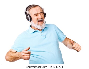 Old Guy Listening To Music On His Headphones. Having Fun, Retirement, Hobby, Leisure, Enjoy Life, Active Lifestyle, People Concept