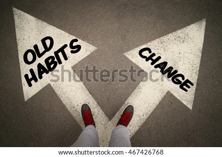 OLD HABITS versus CHANGE written on the white arrows, dilemmas concept.